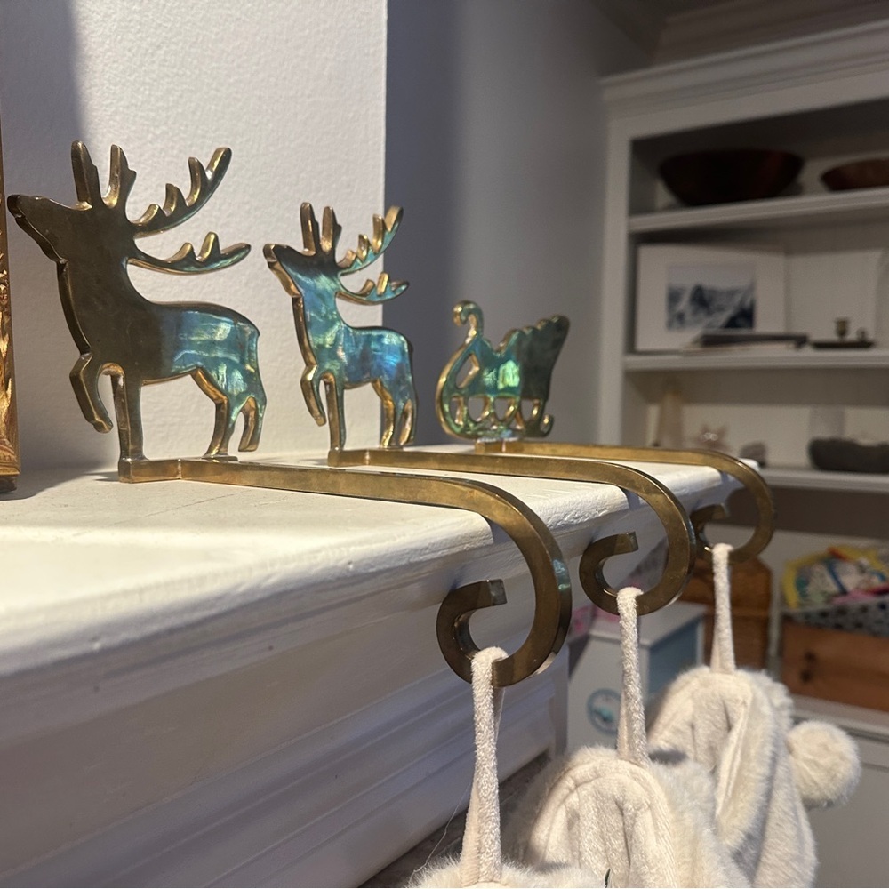 Vintage Brass Gold Reindeer and Sleigh Stocking Hangers for Christmas - Picture 9 of 12